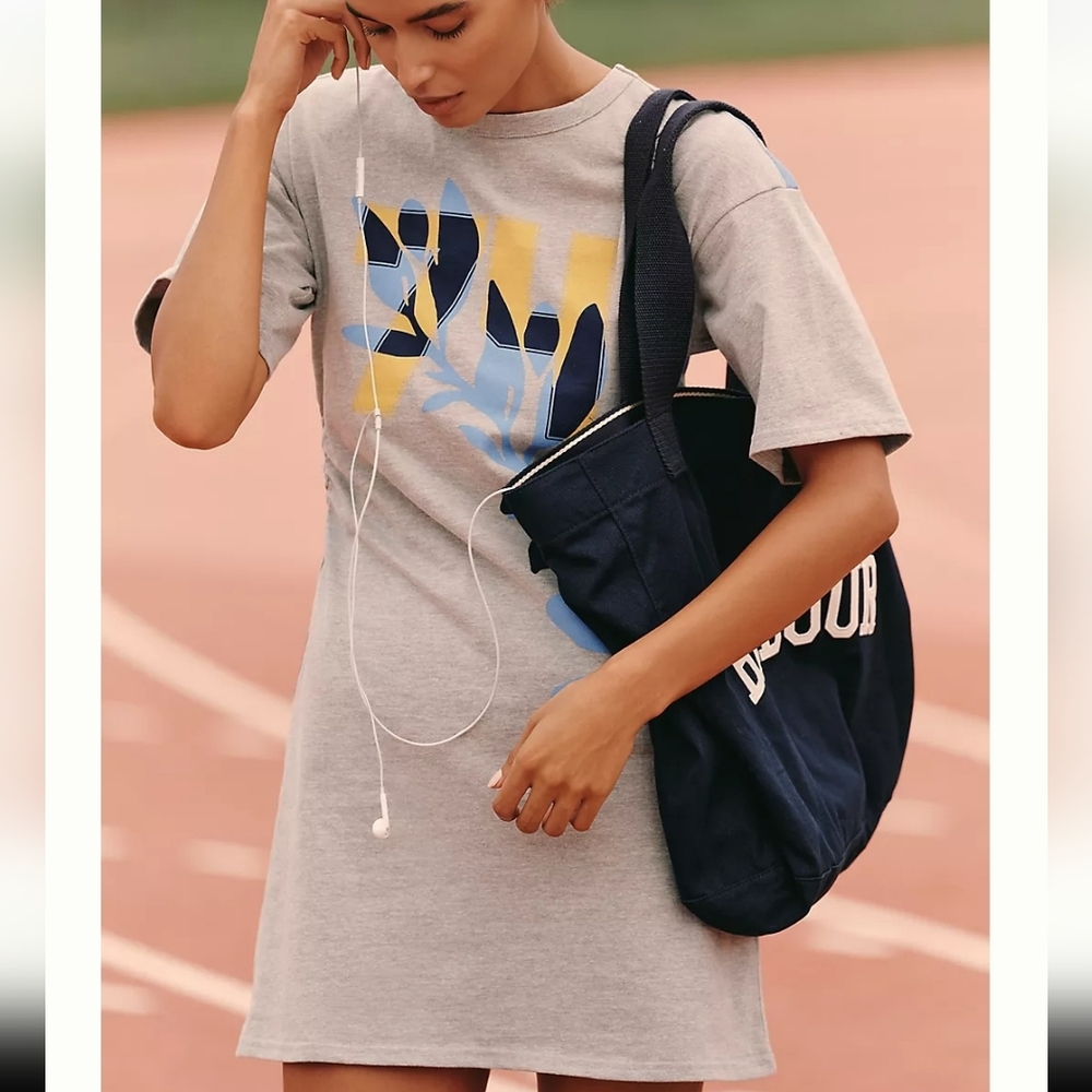 Anthropologie Gray Tee Dress with Blue and Yellow Graphic